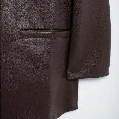 Blazer retro americano para mujer, de cuero sintético marrón y rojo, con cuello entallado, manga larga, estilo midi, holgado, de gran tamaño