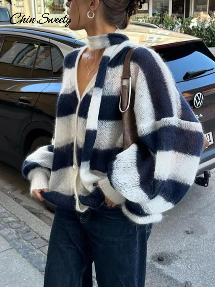 Loose Mohair Striped V-neck Cardigan Women With Scarf Fashion Lantern Sleeve Single Breasted Knitwear Casual Lady New Streetwear