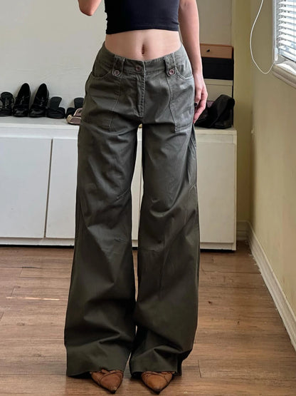 Sweetown - Vaqueros rectos de tiro bajo verdes retro para mujer, estilo urbano Y2K, con bolsillos, estilo cargo informal