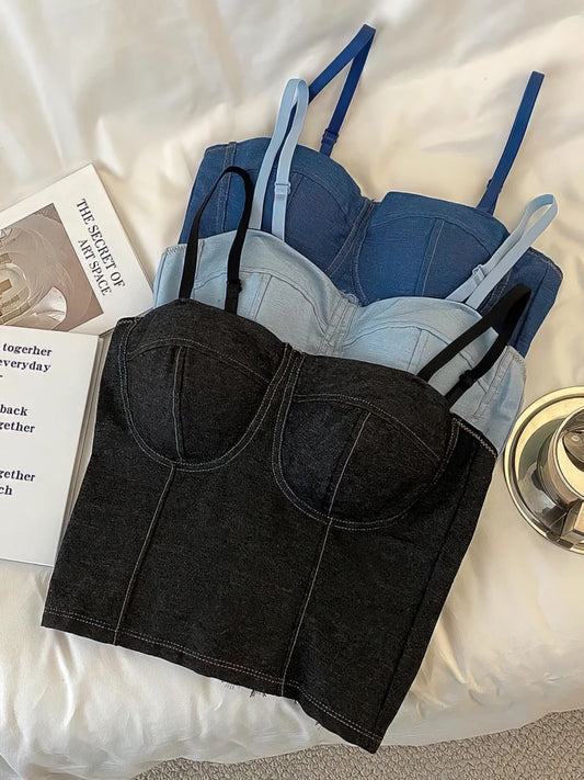 Denim Crop Top Camis Women Push Up Padded Bra Backless Sleeveless Sexy Corset Coquette Tube Top Seamless Underwear Thin Straps