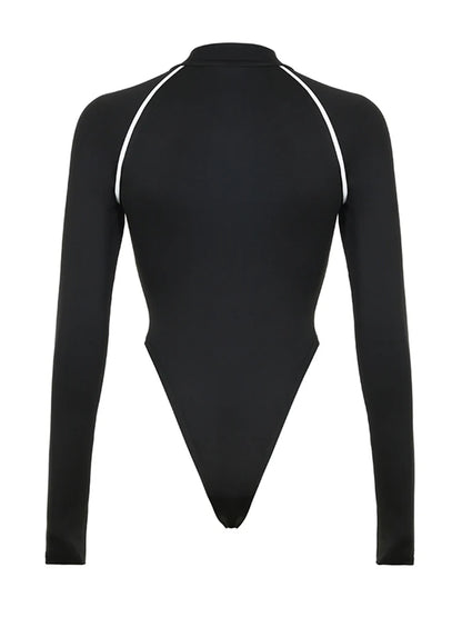 Body negro ajustado de manga larga con cuello alto para mujer, estampado de letras, estilo urbano, básico, para otoño e invierno