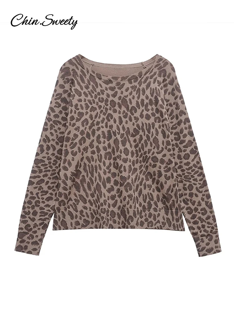 Leopard Knit Pullover Women Casual Loose Round Neck Long Sleeves Sweater Tops 2025 Spring Summer Fashion Lady Y2K Streetwear