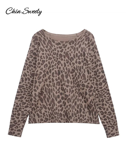 Leopard Knit Pullover Women Casual Loose Round Neck Long Sleeves Sweater Tops 2025 Spring Summer Fashion Lady Y2K Streetwear
