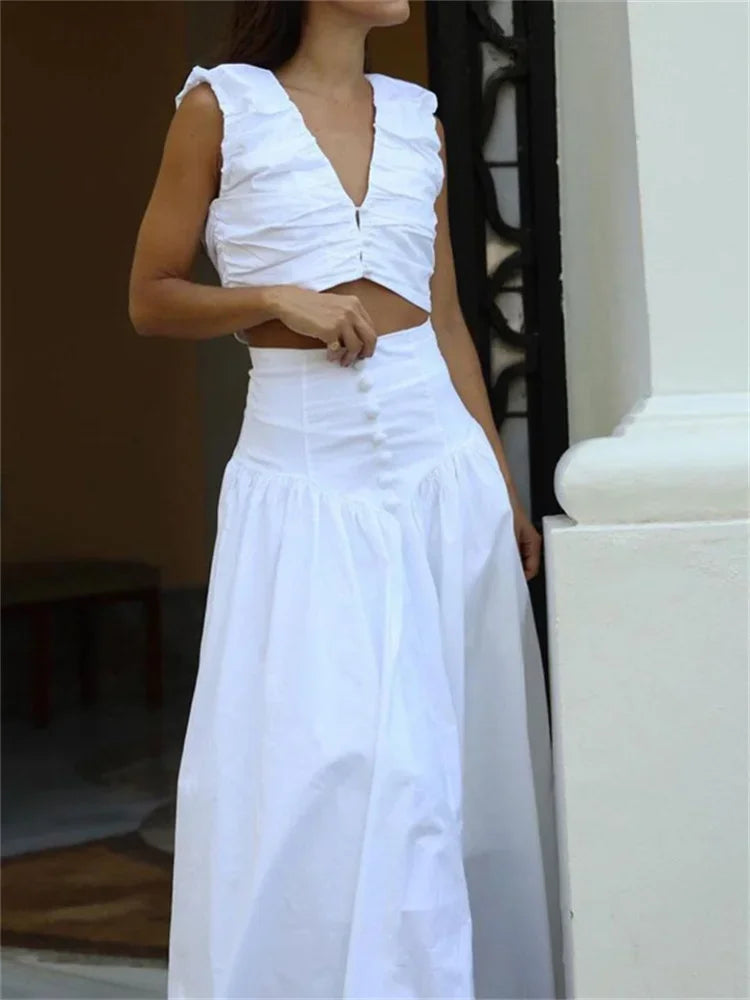 Conjunto de dos piezas plisado blanco para mujer, falda larga con cuello en V, top corto y falda larga de patchwork, conjuntos lisos para mujer