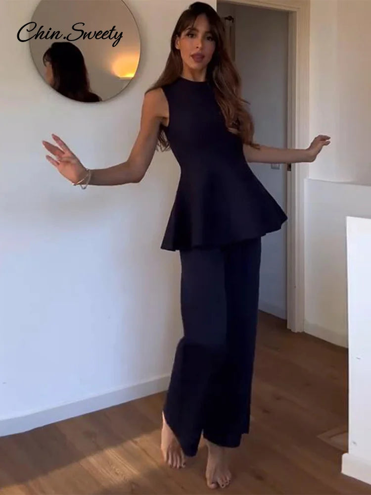 Conjunto elegante de dos piezas de pantalón de punto con cuello redondo, sin mangas, con volantes en los bajos, cintura alta, elástico, para dama, nuevo en trajes a juego.