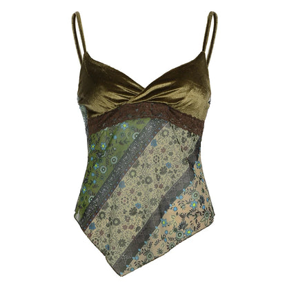 Mori Girl Style Patchwork Camis Top Y2K Aesthetic Vintage Green Sexy V Neck Tank Top Summer Asymmetry Lace-up Vest