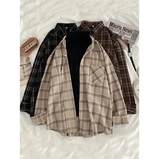 Camisas a cuadros vintage de gran tamaño para mujer, ropa de calle, blusas de manga larga, blusas Harajuku coreanas con bolsillos, blusas casuales holgadas que combinan con todo, nuevas