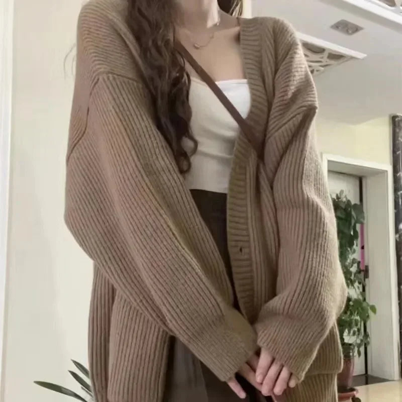 Cárdigan de otoño e invierno para mujer, suéter, abrigo, moda femenina, manga larga, cuello en V, chaquetas de punto sueltas, suéteres casuales, cárdigans