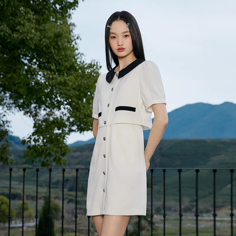 Dress Women Contrast Texture Fake Two Pieces  Summer New Bubble Sleeve Breasted Short Dress Elegant Small Fragrance