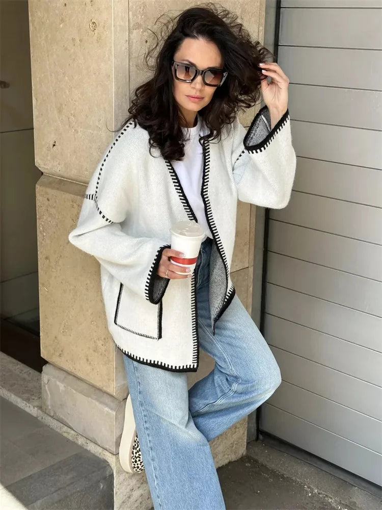 Suéter tipo cárdigan de punto con contraste para mujer, con bolsillos y cordones, manga larga, retazos, abrigo holgado, prendas de punto de otoño, prendas de vestir para mujer