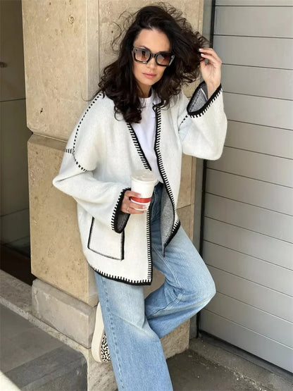 Suéter tipo cárdigan de punto con contraste para mujer, con bolsillos y cordones, manga larga, retazos, abrigo holgado, prendas de punto de otoño, prendas de vestir para mujer