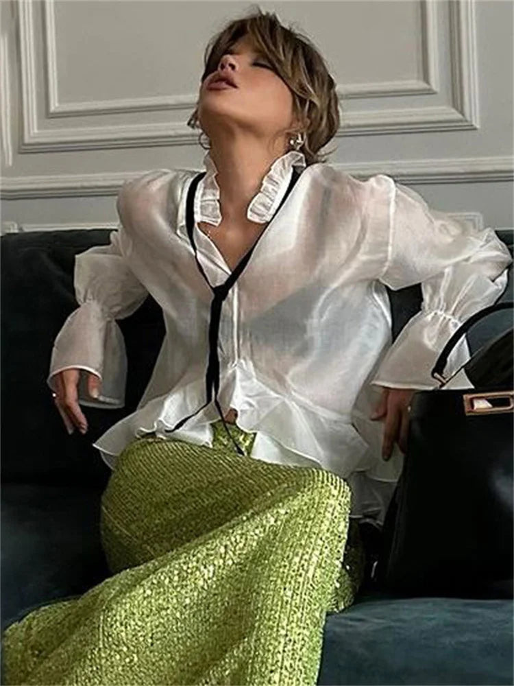 Blusa de gasa transparente con vendaje para mujer, estilo jersey, con cordones, a la moda, de verano