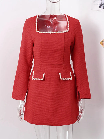 Elegante vestido de fiesta corto de tweed para mujer, manga larga, cuello cuadrado, bolsillo falso, vestidos de noche de otoño, brillantes, ajustados, de corte A.