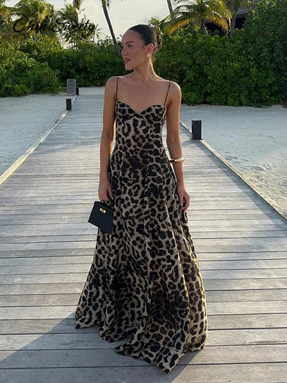 Vestidos largos con tirantes y estampado de leopardo Y2K para mujer, vestido de fiesta ajustado sin mangas con espalda descubierta, estilo vintage de verano 2025 para mujer _Nuevo