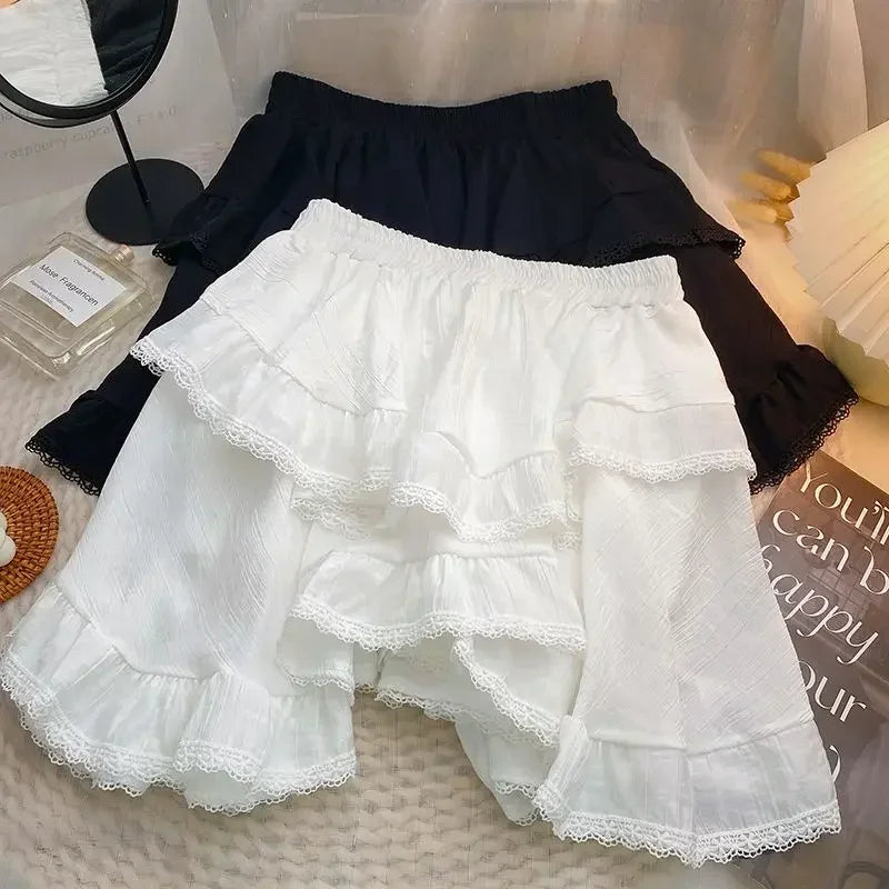 Lace High Waist Irregular Cake Skirts for Women A-line Sweet Girls All-match Korean Fashion Spring Summer Black White