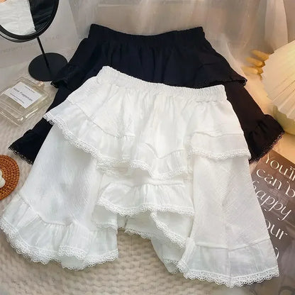 Lace High Waist Irregular Cake Skirts for Women A-line Sweet Girls All-match Korean Fashion Spring Summer Black White