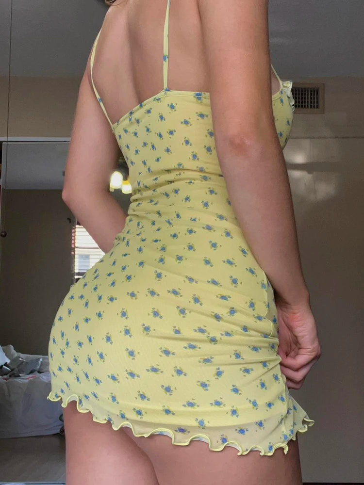 Vestido de verano Y2K con volantes, estampado floral y lazo, sin mangas, de malla de dos capas y tirantes finos para mujer