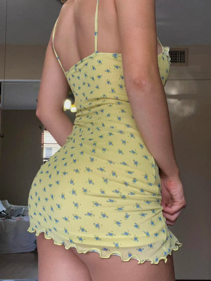 Vestido de verano Y2K con volantes, estampado floral y lazo, sin mangas, de malla de dos capas y tirantes finos para mujer