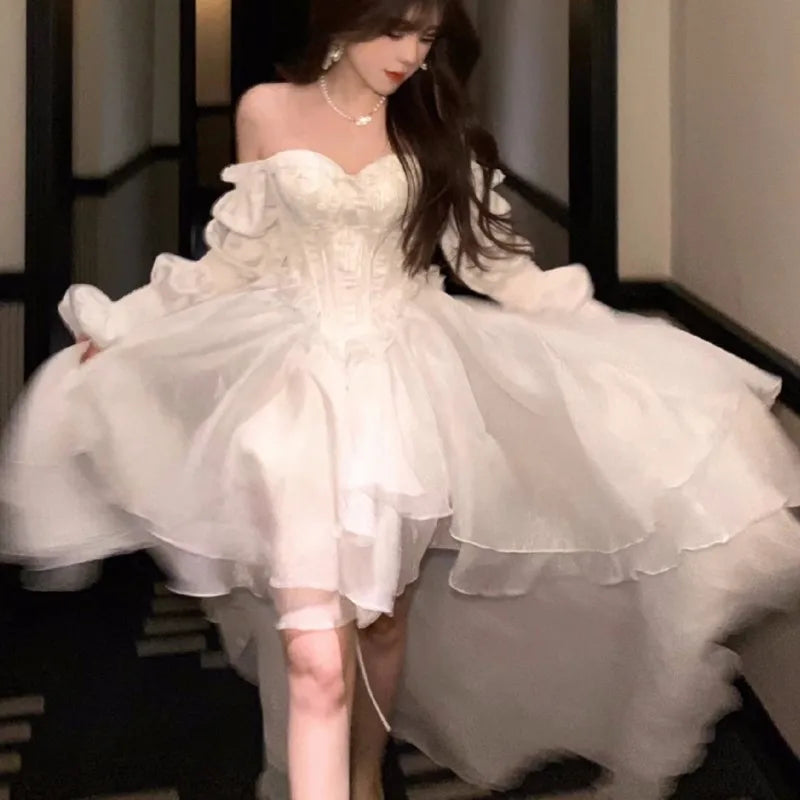 Elegantes vestidos de fiesta de noche para mujer, con mangas abullonadas, hombros descubiertos, con cordones, para boda, graduación, vestido de baile, corte A, Y2K, vestidos midi nuevos