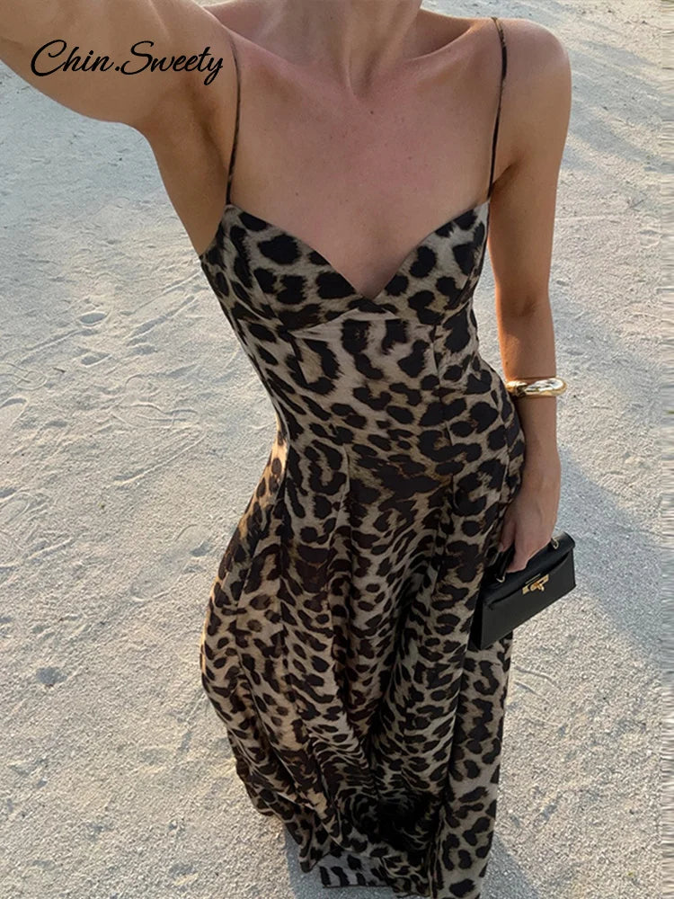 Vestidos largos con tirantes y estampado de leopardo Y2K para mujer, vestido de fiesta ajustado sin mangas con espalda descubierta, estilo vintage de verano 2025 para mujer _Nuevo