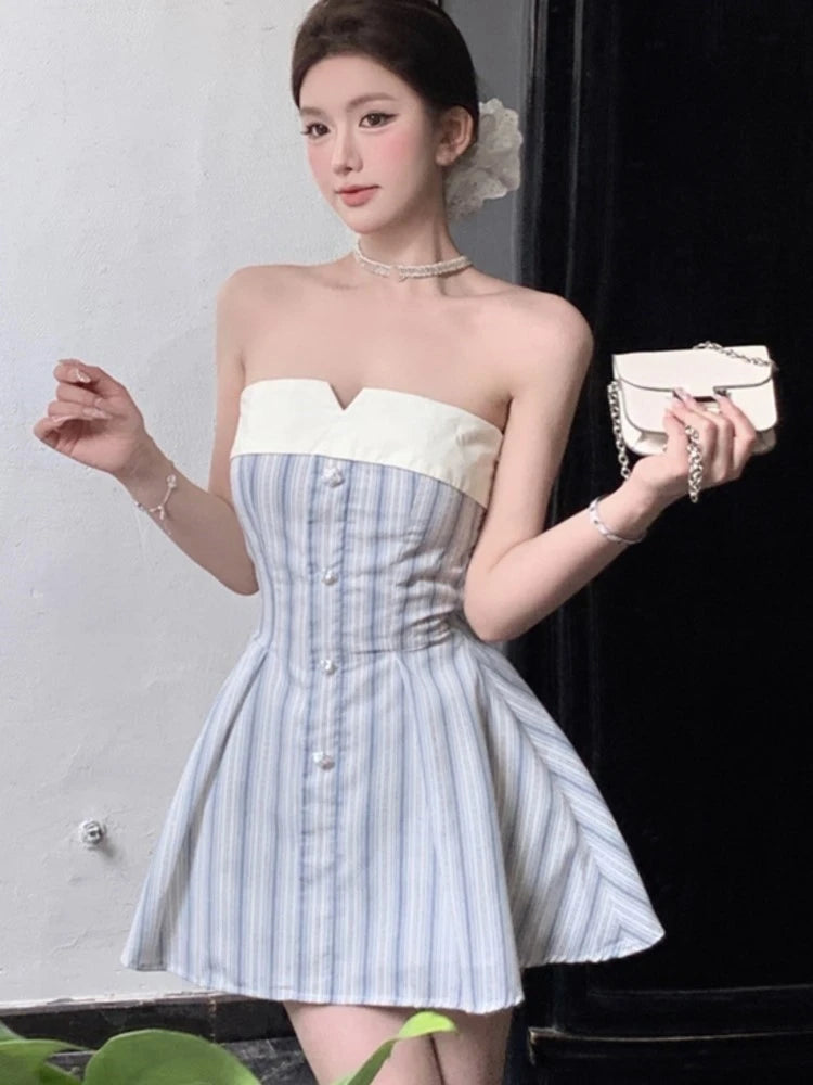 Elegante minivestido sin tirantes Y2K para mujer, con lazo y patchwork, corte en A, para fiesta de cumpleaños, moda coreana, para graduación, vestidos cortos para mujer