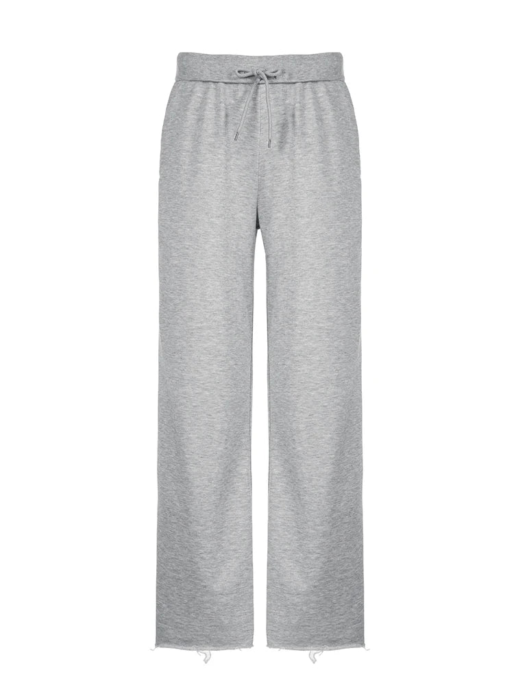 Pantalones deportivos holgados de cintura alta con bolsillos y cordón para mujer, color gris, lisos, básicos, sencillos, de pierna recta, para correr