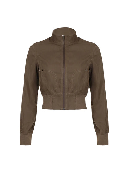 Chaquetas cargo marrones con cremallera, cuello alto, bolsillos, manga larga, estilo vintage informal para mujer