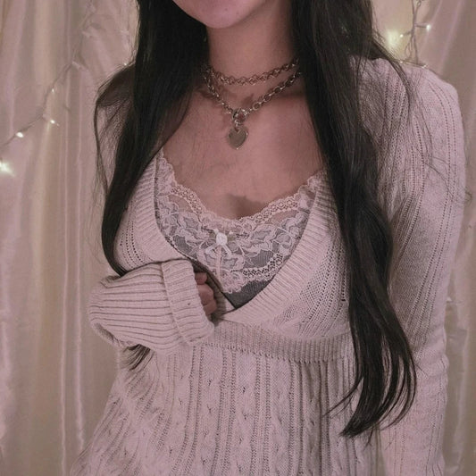 Suéter de punto vintage grunge Fairycore Y2K para mujer, elegante, de los años 90, con cuello en V, estilo retro, bonito, prendas de punto