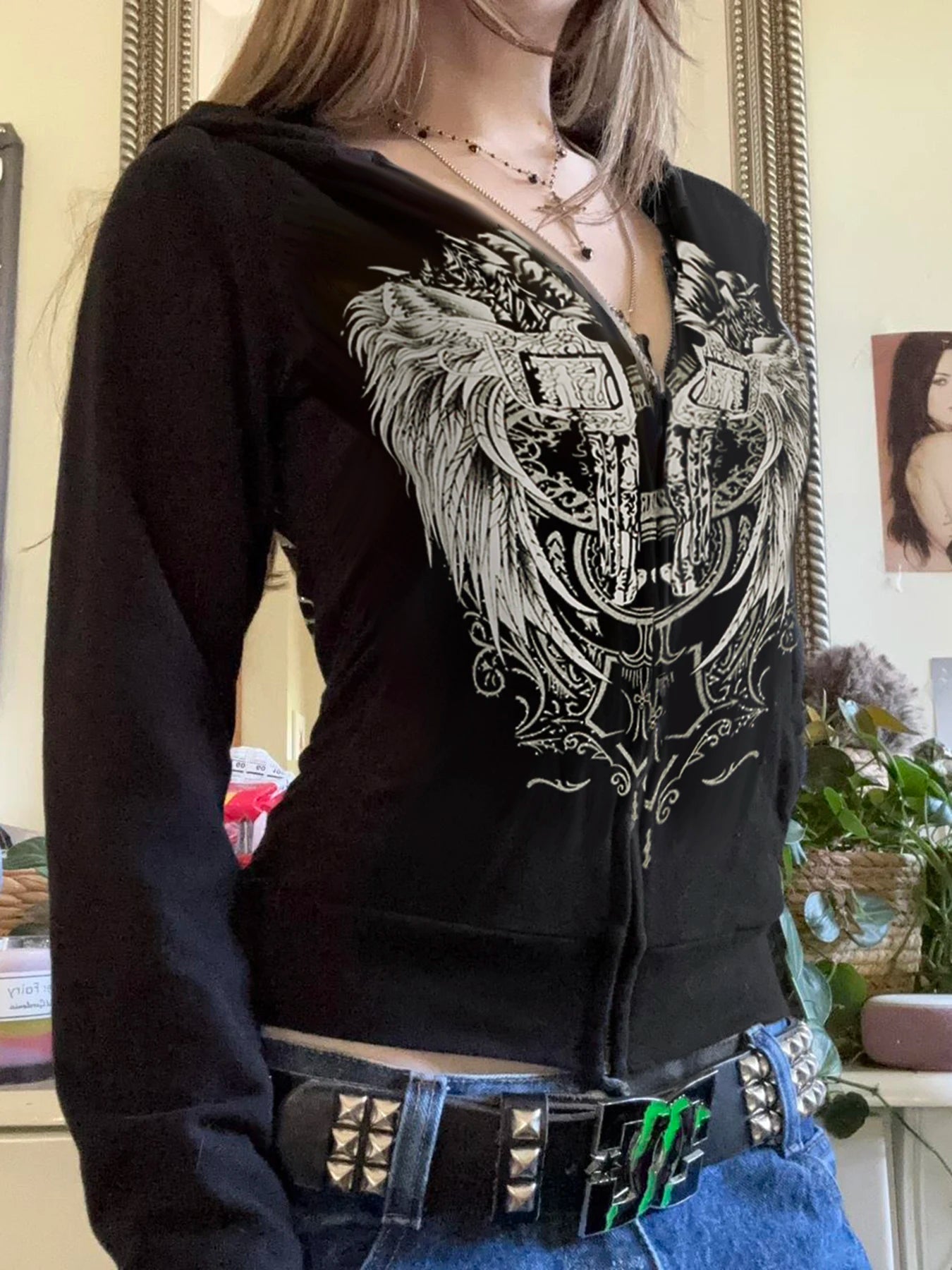Abrigo con capucha y cremallera estilo retro oscuro Y2k, manga larga, básico, para mujer, moda chic, estampado de diamantes, sudadera tipo cárdigan