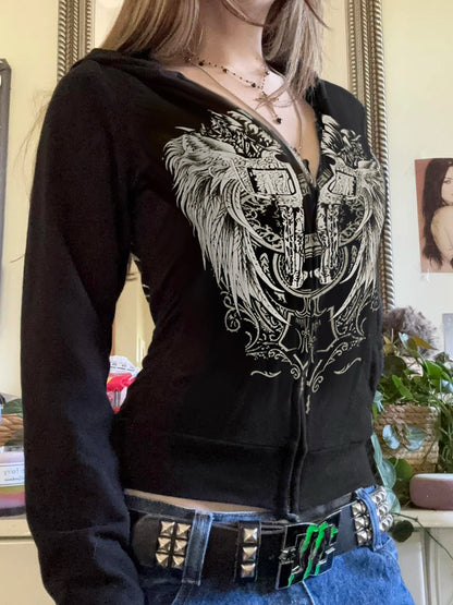 Abrigo con capucha y cremallera estilo retro oscuro Y2k, manga larga, básico, para mujer, moda chic, estampado de diamantes, sudadera tipo cárdigan