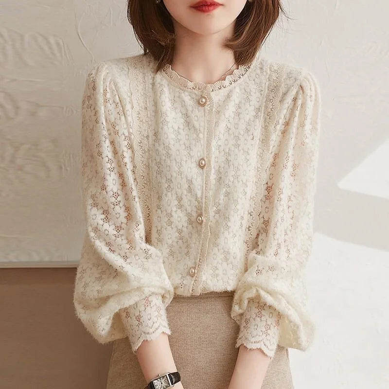 Blusas de encaje estilo primavera otoño para mujer, blusas informales de manga larga con farol y cuello alto, blusas SP1529