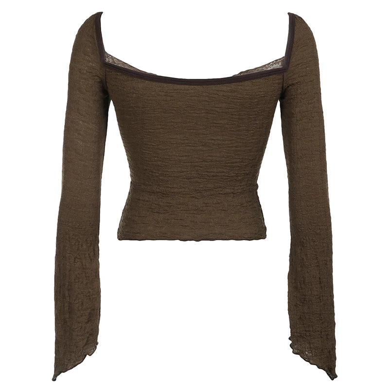 Blusa de manga larga marrón con escote en V y ribete de encaje Hotsweet, con lazo y mangas acampanadas, estilo elegante Y2k para otoño.