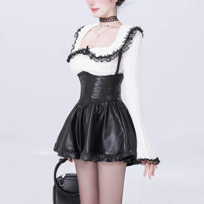 Conjunto de falda de dos piezas Y2K con cuello cuadrado de encaje, top de manga larga, minifalda halter de cintura alta, moda coreana, conjuntos sexys kawaii, nuevo