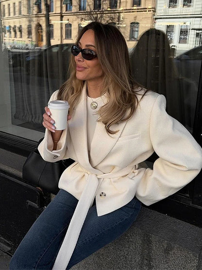 Street Lace Up Cropped Blazer Coat Women Loose Lapel Pocket Long Sleeve Suit Jackets Female 2025 Spring White All-match Outwear