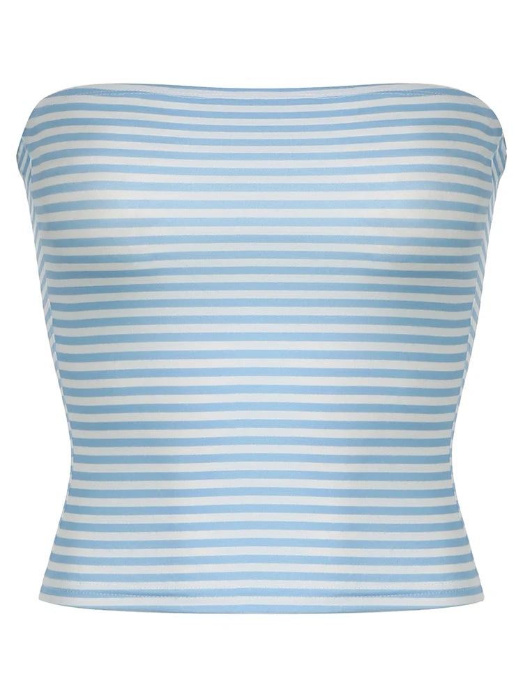 Sweetown - Top corto básico sin mangas con rayas azules para mujer, estilo tubo sin tirantes, estilo Y2K, años 2000, estilo urbano