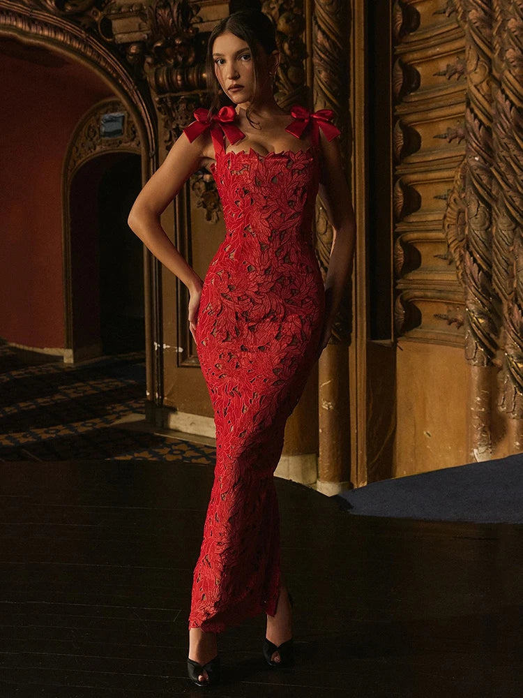 Vestido largo sexy de encaje con lazos para mujer, a la moda, sin mangas, con espalda descubierta, ajustado, para fiesta de cumpleaños de Año Nuevo y club.