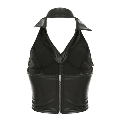 Tops cortos de cuero ajustados y sexys de Gyaru para mujer, con cuello vuelto y cuello halter, diseño moderno sin espalda.