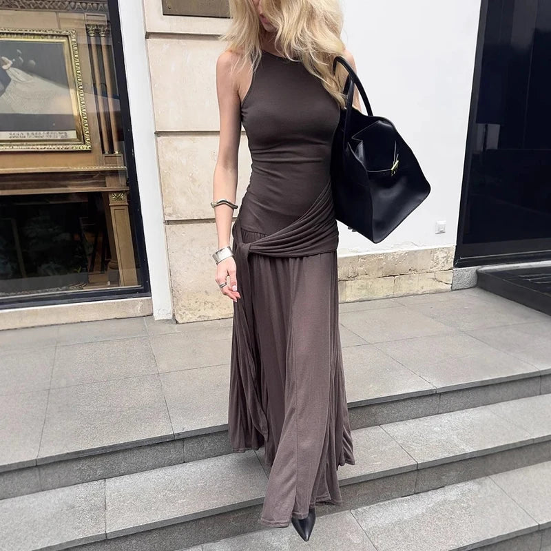Vestido ajustado con volantes y cinta de moda para mujer, sin mangas, estilo urbano, largo, liso, para otoño, para fiesta en club