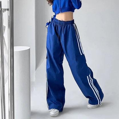 Pantalones deportivos a rayas para mujer, estilo hip hop, holgados, de pierna ancha, cargo, cintura alta, con cordón, Y2K