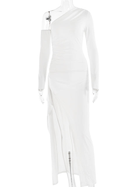 Autumn Sexy Fashion Long Sleeve High Split Women’s Dress Oblique Shoulder Elegant Party Club Long Slim Fit Evening Dress