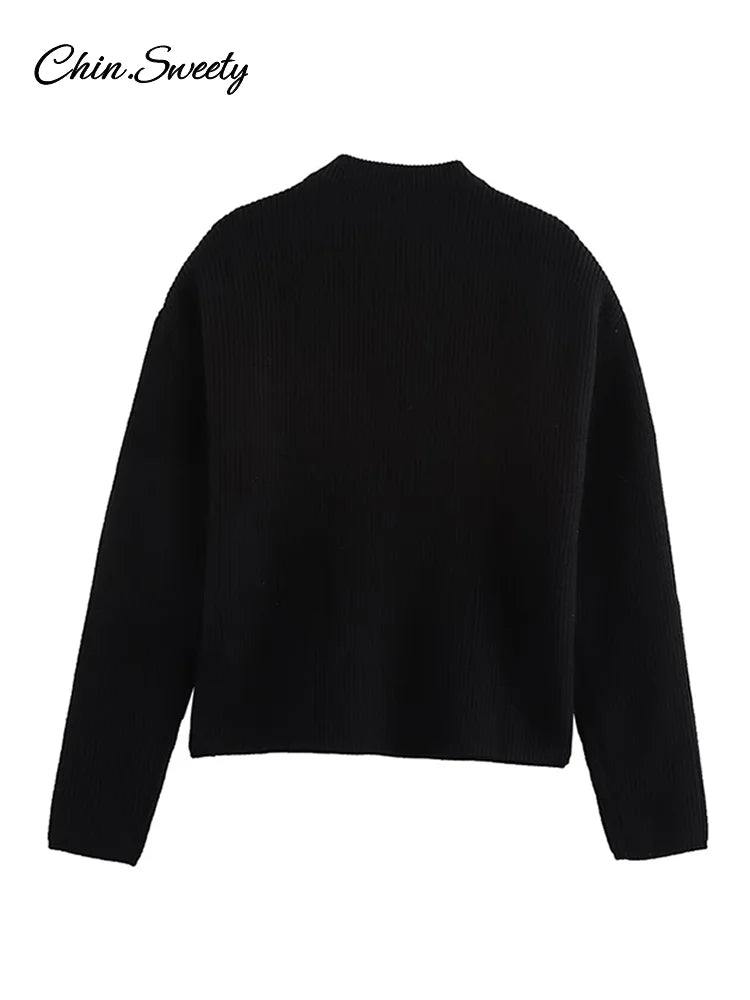Fashion Women’s Beading Sweater Pullover Elegant Knitted Black Long Sleeve O-neck Jumper 2025 New Spring Lady Casual Outwears