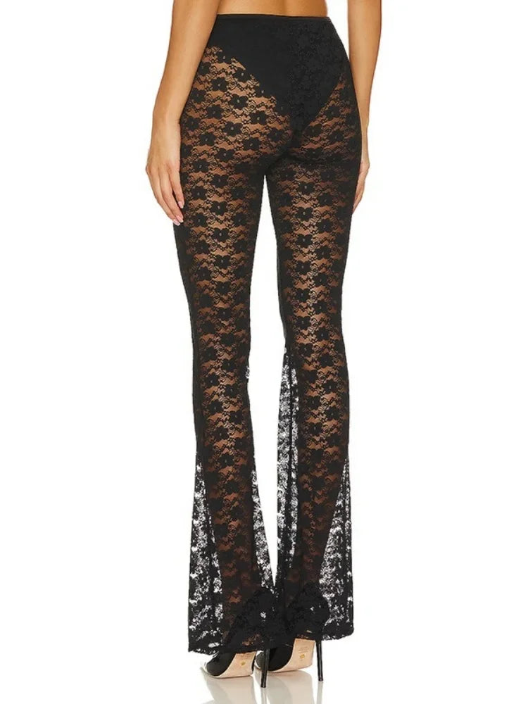 Pantalones largos acampanados informales de moda Y2K con diseño entallado de malla y retazos para mujer, pantalones de cintura alta con estampado floral y elásticos para mujer