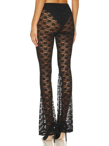 Pantalones largos acampanados informales de moda Y2K con diseño entallado de malla y retazos para mujer, pantalones de cintura alta con estampado floral y elásticos para mujer