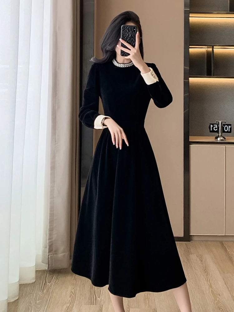 Mujer Primavera Verano Nuevo Elegante Terciopelo Patchwork Midi A Line Vestidos Oficina Dama Manga Larga Fiesta Moda Una Pieza Bata