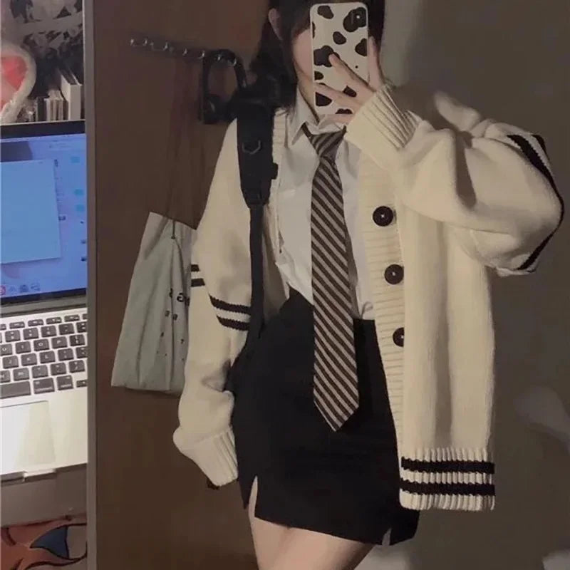 Cárdigan holgado a rayas para mujer, suéter vintage Y2K de otoño e invierno con una sola botonadura, ropa de calle informal coreana, abrigo de punto para mujer