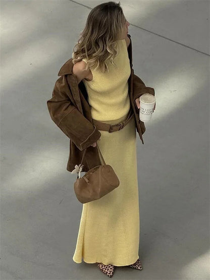Elegant Knitwear 2 Piece-Set Long Dress Female Ribbed Sweater Pullover And Loose Patchwork Maxi Skirt Sets Ladies Outfits