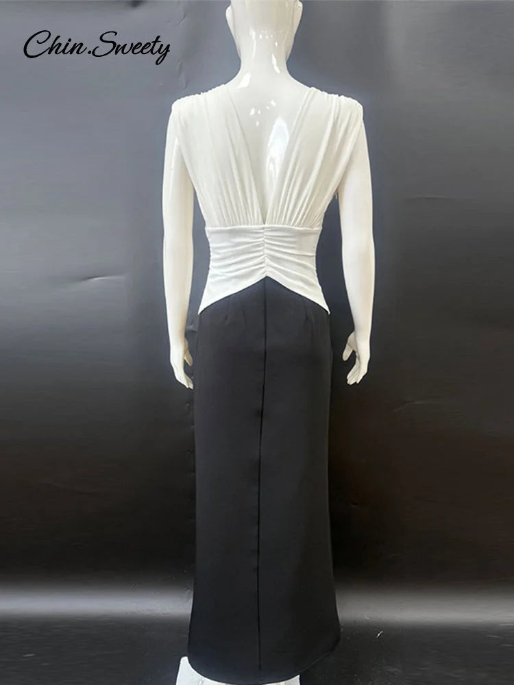 Vestido elegante sin mangas con escote en V profundo y patchwork para mujer, vestido plisado sin espalda, ajustado, para fiesta de verano 2025, para mujer, de noche.