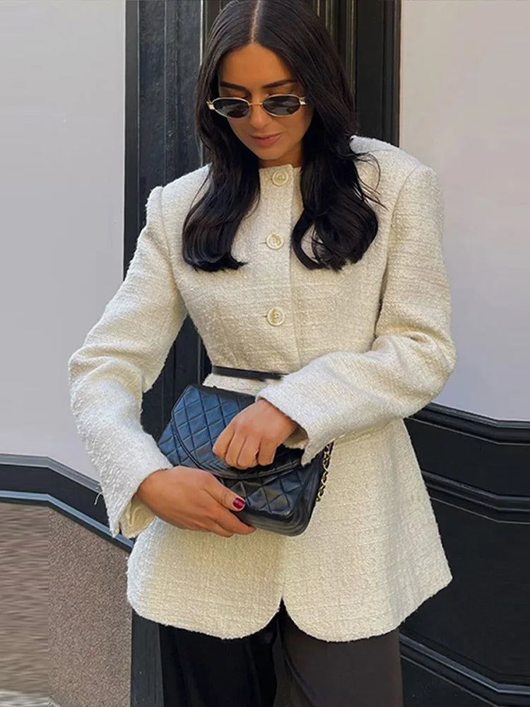 Elegante blazer de tweed para mujer, abrigo ajustado con cuello redondo y hombreras, chaqueta gruesa para mujer, ropa de oficina de primavera 2025