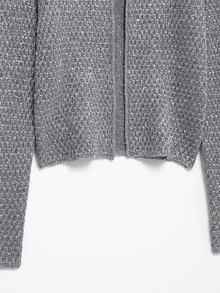 Slim Sequin O Neck Knitted Cardigan Women Long Sleeve Single Breasted One Button Sweater 2025 Spring Lady New Commute Knitwear