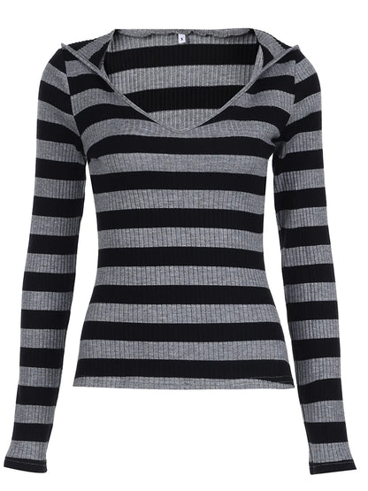 Camiseta con capucha de rayas negras y gris oscuro para mujer, cuello en V, manga larga, básica, ajustada, para primavera y otoño, top acanalado, camiseta urbana preppy